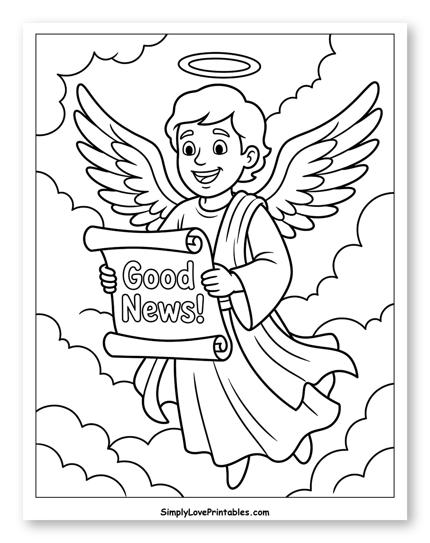 Smiling Angel Holding a Good News Scroll Coloring Page for Kids