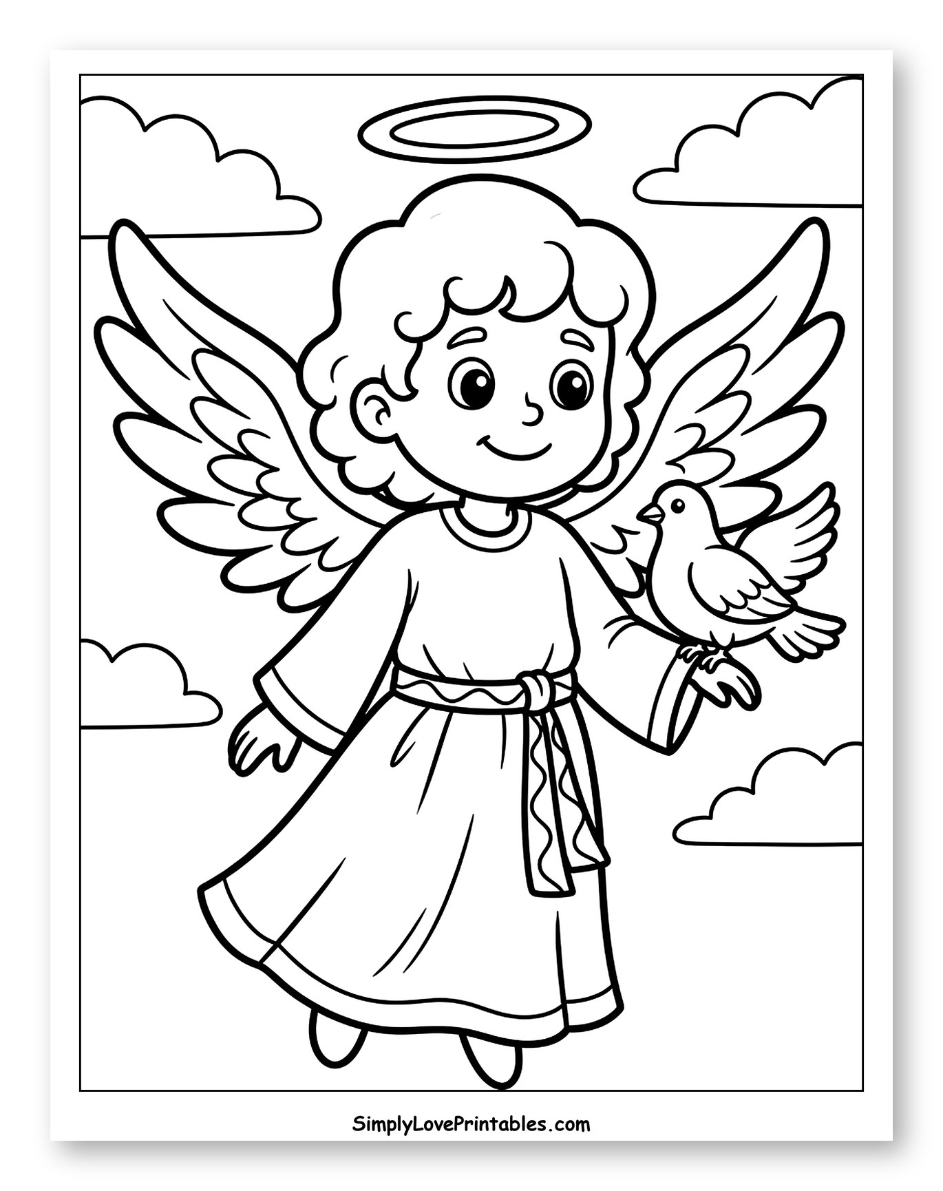 Smiling Angel Holding a White Dove Coloring Page for Toddlers