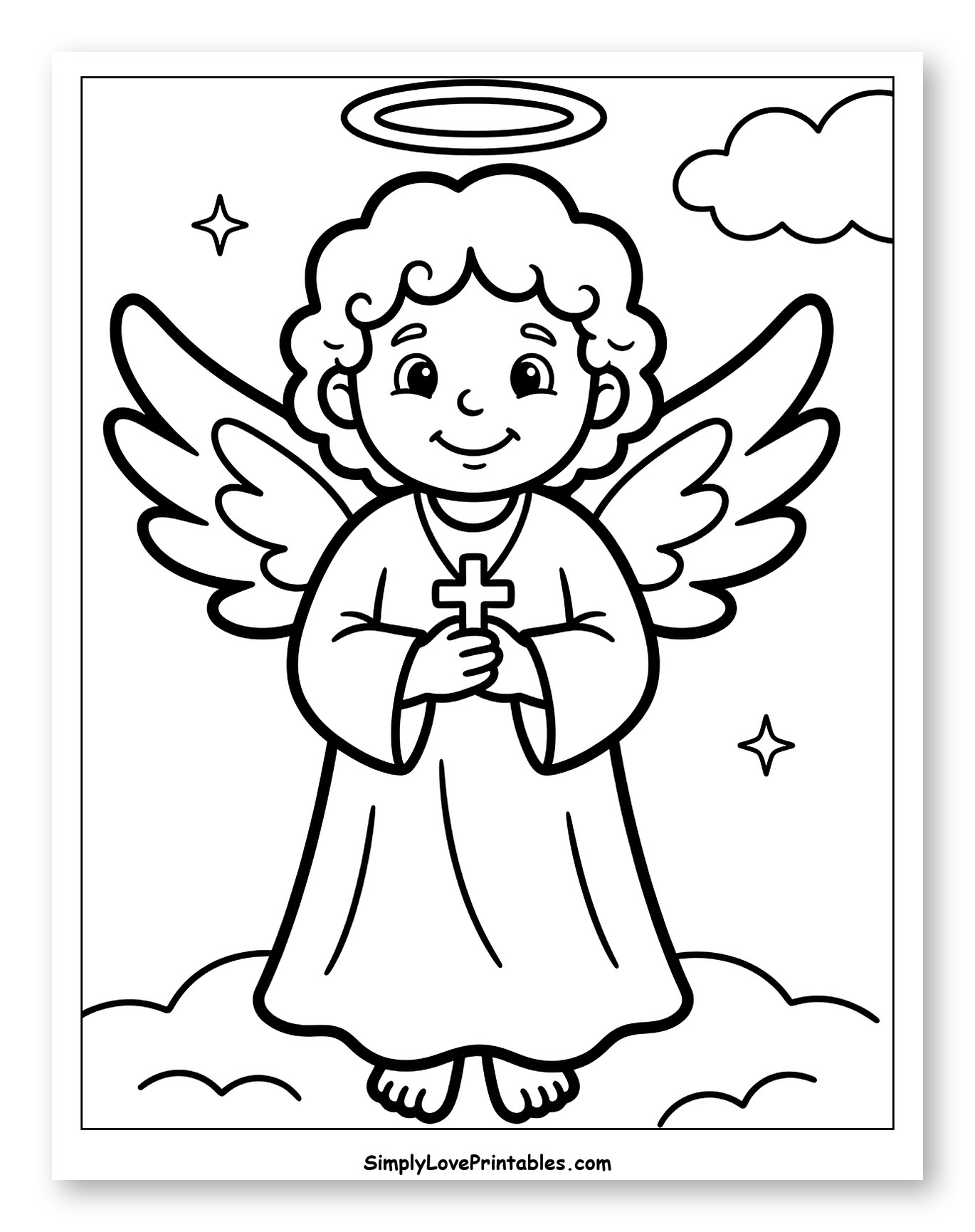 Smiling Angel Holding Cross Among Clouds