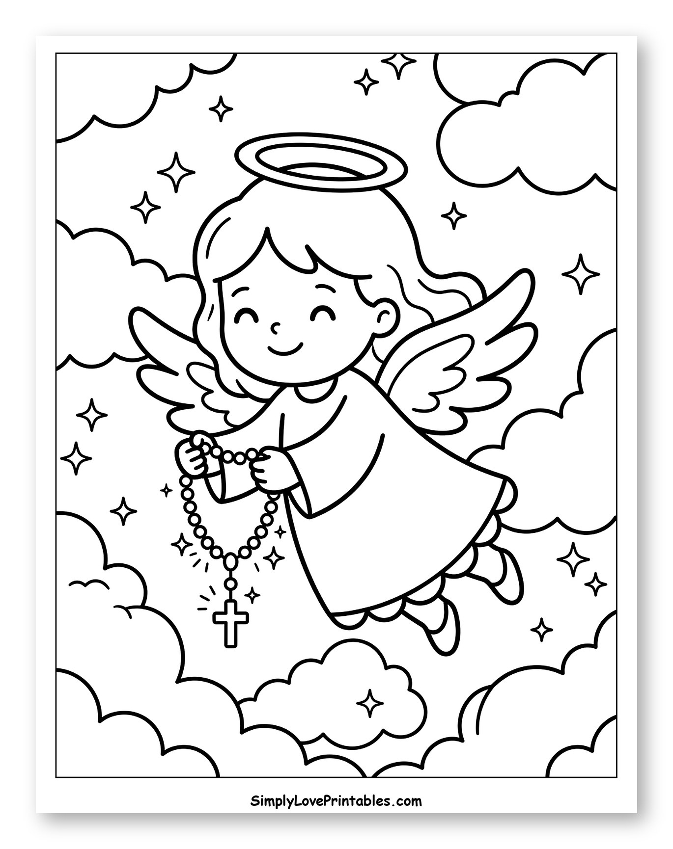 Smiling Angel Holding Rosary in Clouds