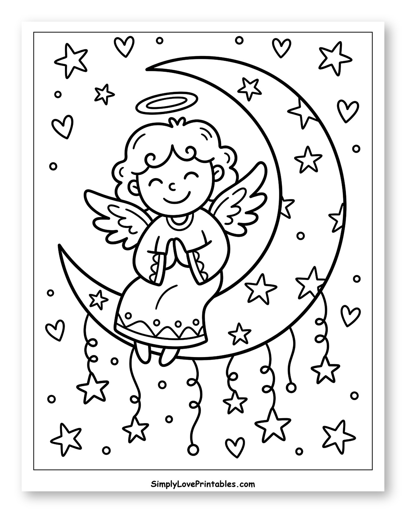 Smiling Angel on Crescent Moon with Stars to Color for Adults
