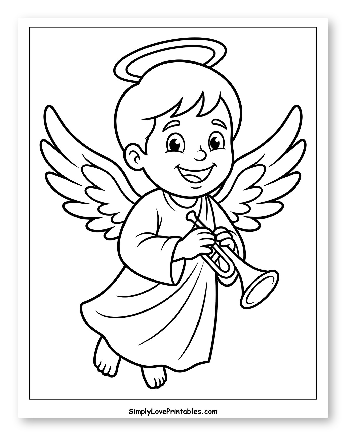 Smiling Angel Playing a Trumpet Coloring Page for Toddlers