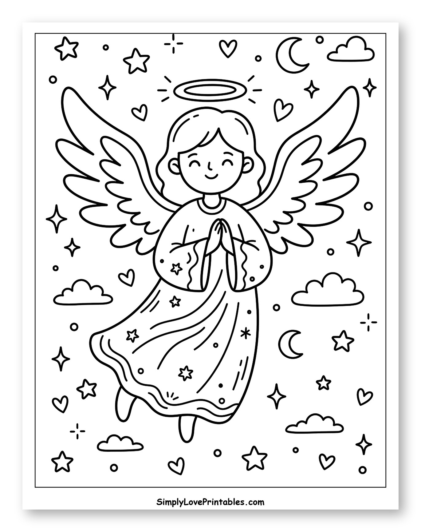 Smiling Angel with Halo and Praying Hands Coloring Sheet for Adults
