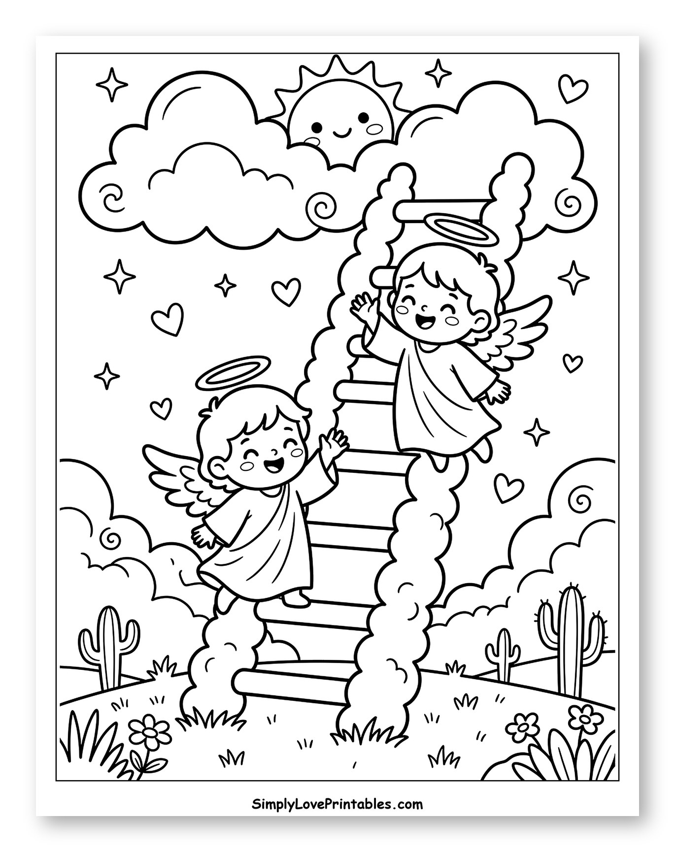 Smiling Angels Climbing Heavenly Cloud Ladder Coloring Sheet for Kids