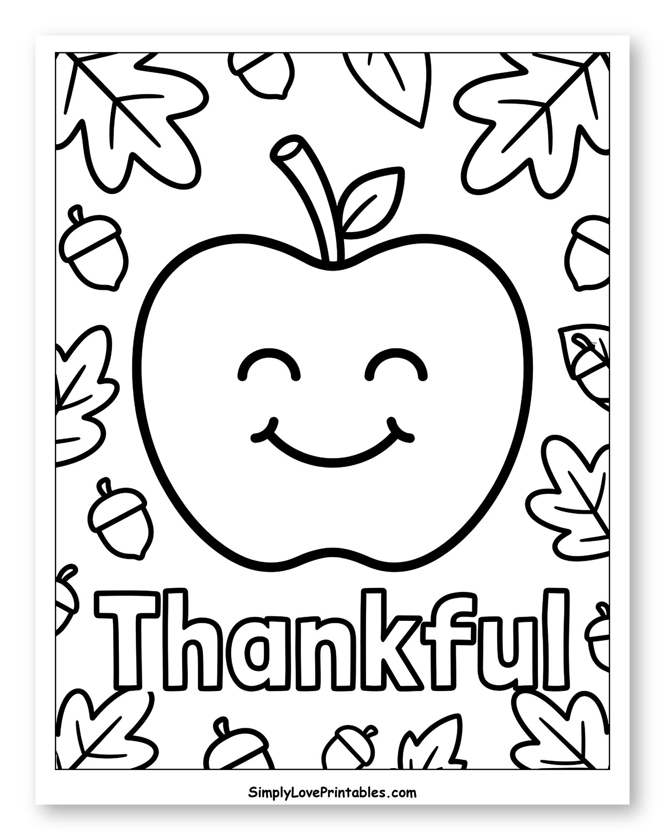 Smiling Apple and Thankful Autumn Message Coloring Page for Toddlers
