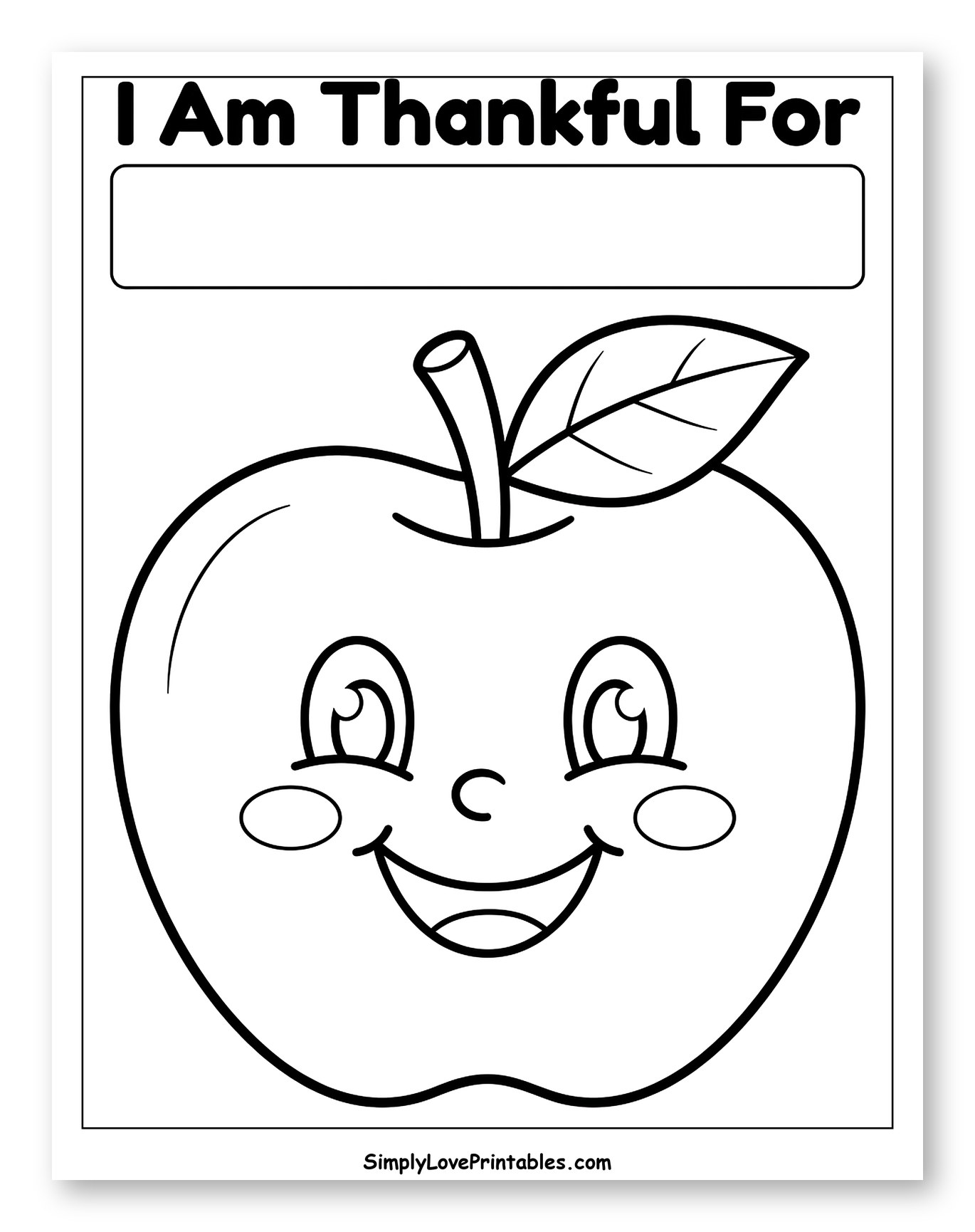 Smiling Apple I Am Thankful For Prompt Coloring Page for Toddlers