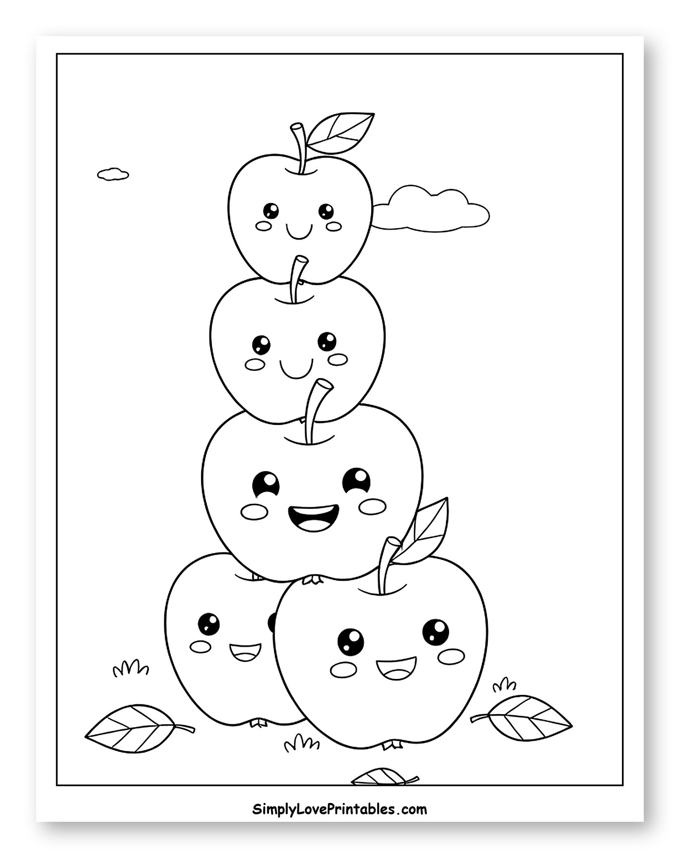 Smiling Apple Tower with Falling Leaves to Color for Kids