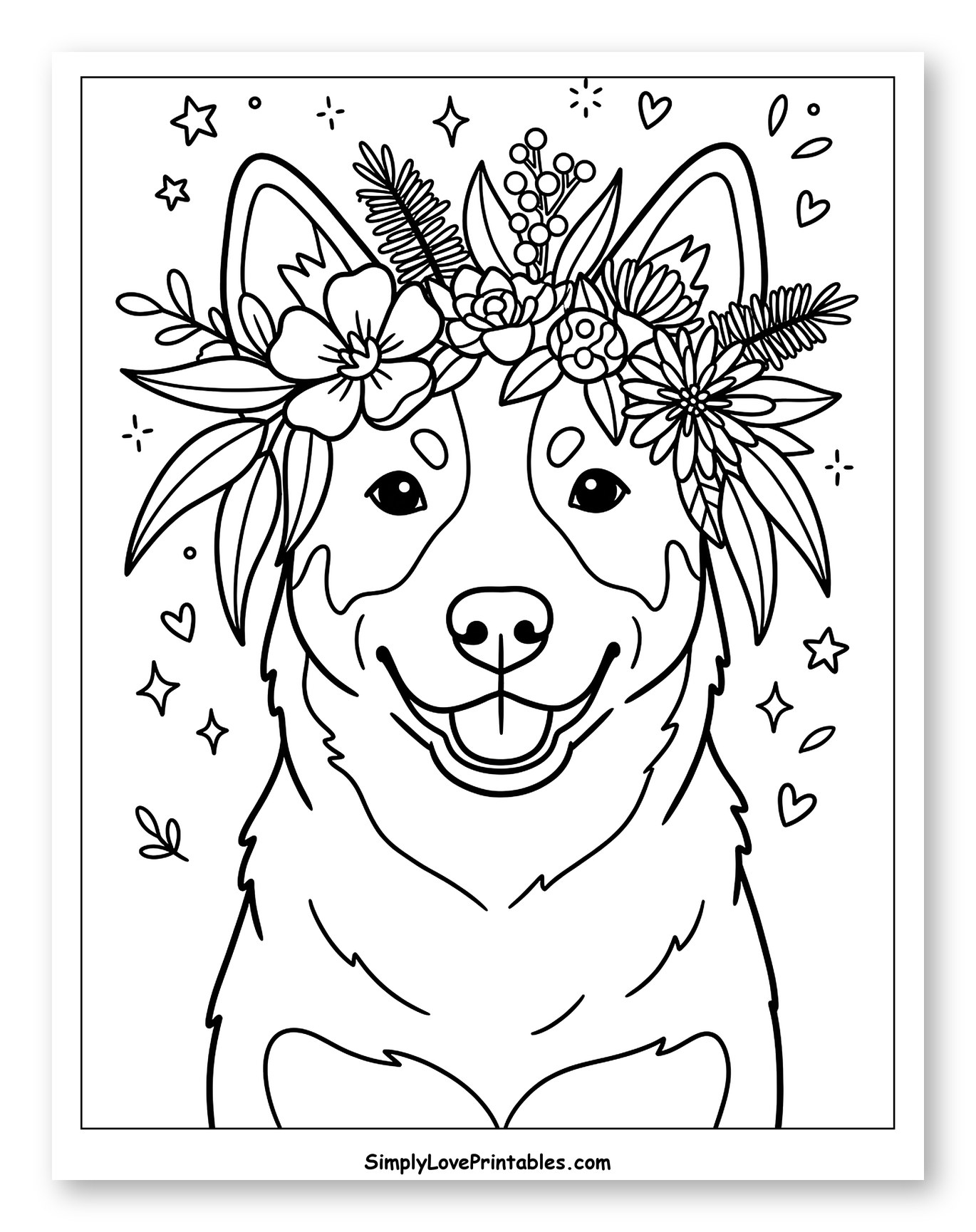Smiling Australian Cattle Dog in Flower Crown to Color for Adults
