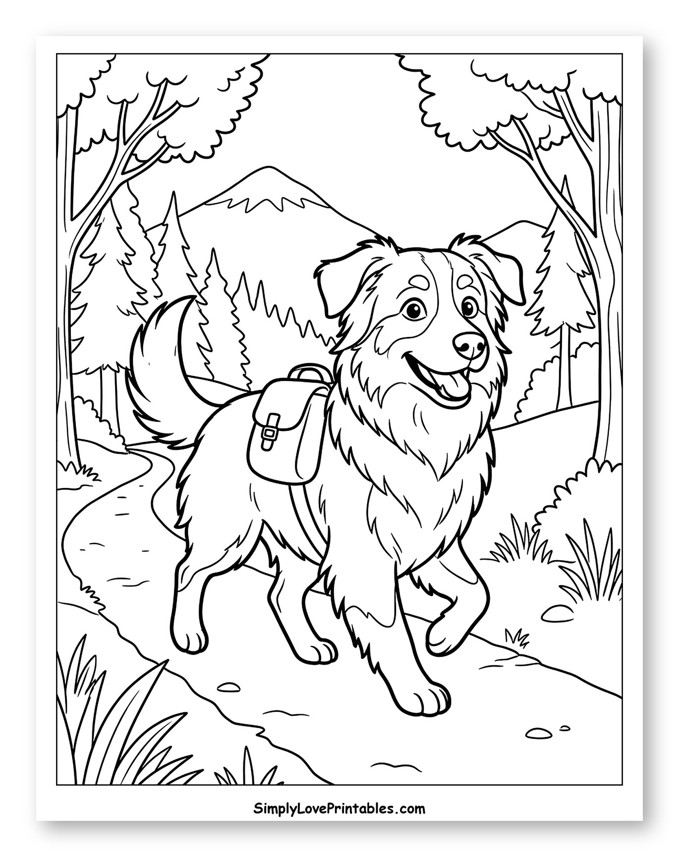 Smiling Australian Shepherd Exploring Nature Coloring Sheet for Kids