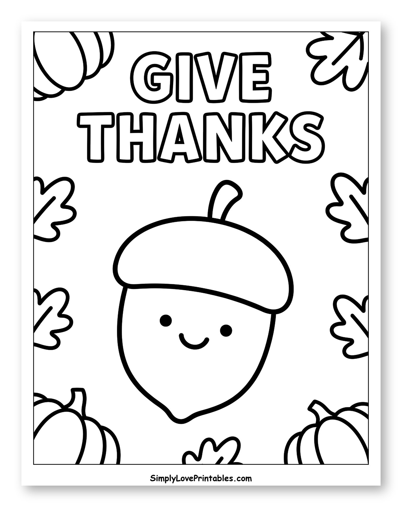 Smiling Autumn Acorn with Give Thanks Greeting to Color for Toddlers