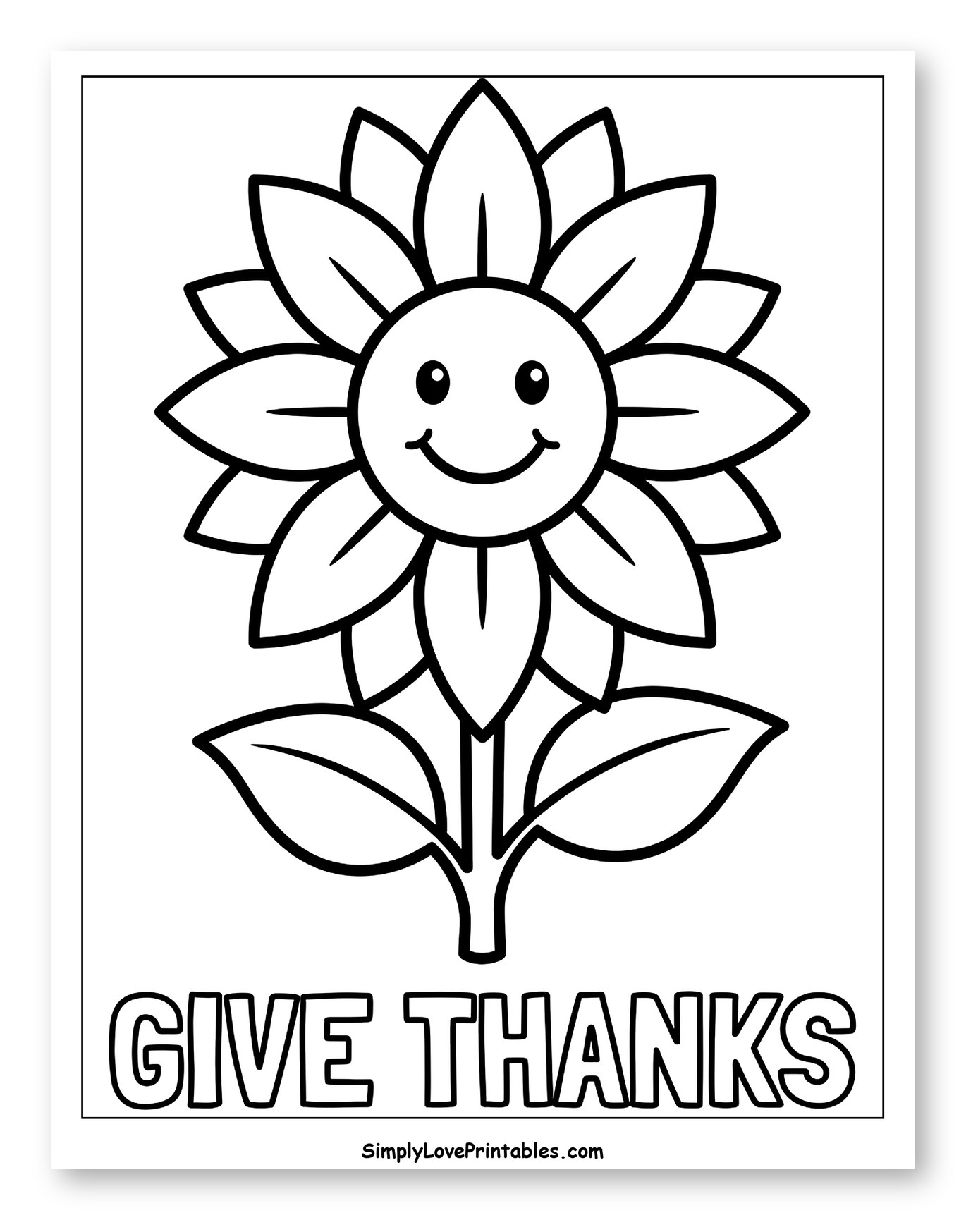 Smiling Autumn Sunflower Saying Give Thanks Coloring Sheet for Toddlers