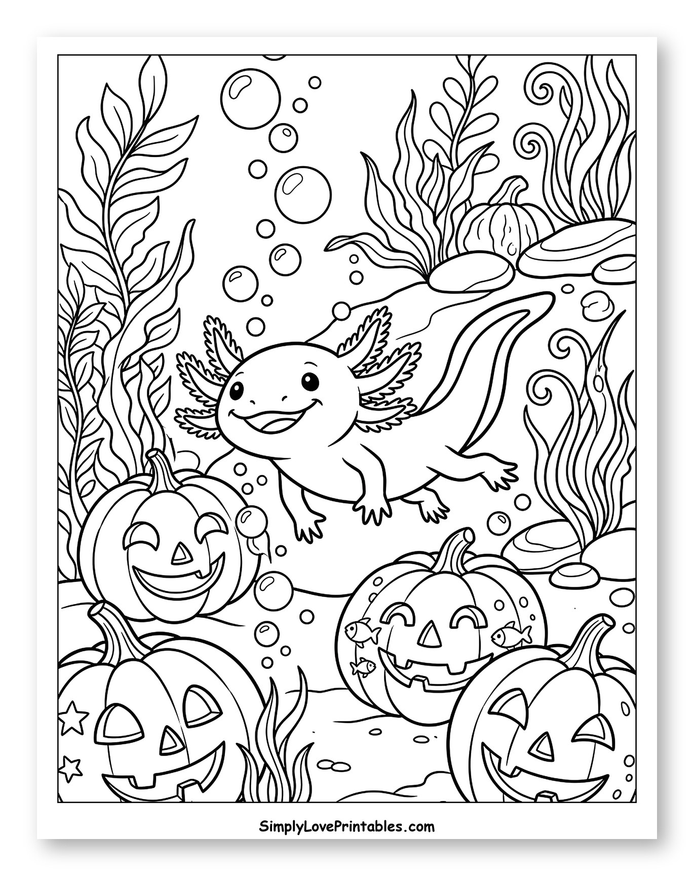 Smiling Axolotl with Halloween Pumpkins Underwater