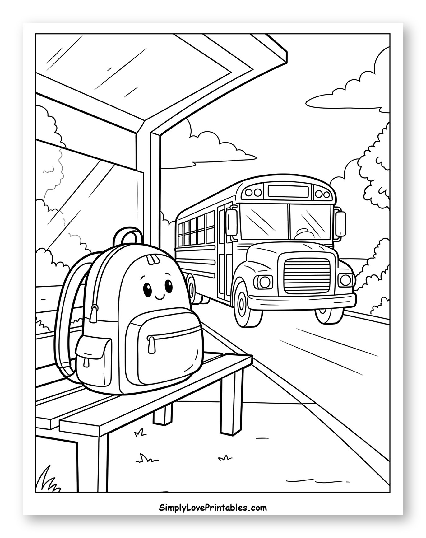 Smiling Backpack Waiting for School Bus Coloring Sheet for Kids