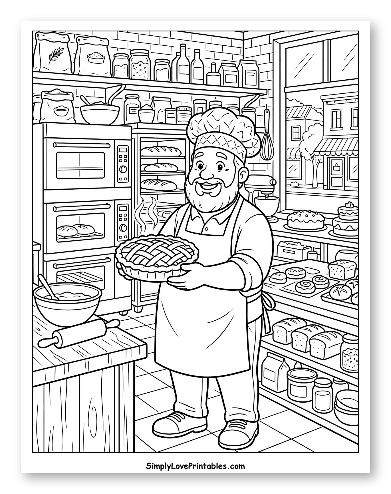 Smiling Baker Holding a Freshly Baked Pie to Color for Kids