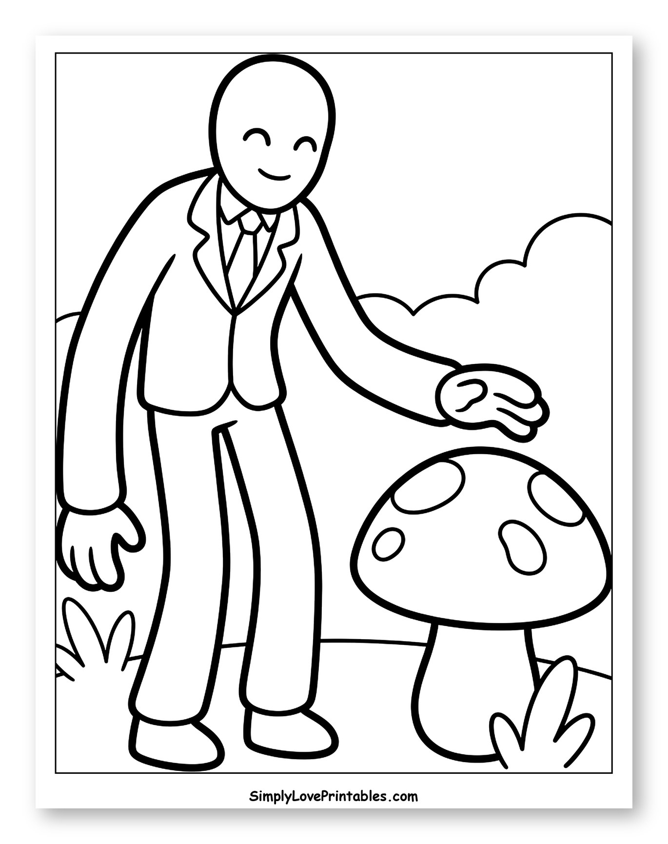 Smiling Bald Man in Suit with Mushroom Coloring Sheet for Toddlers
