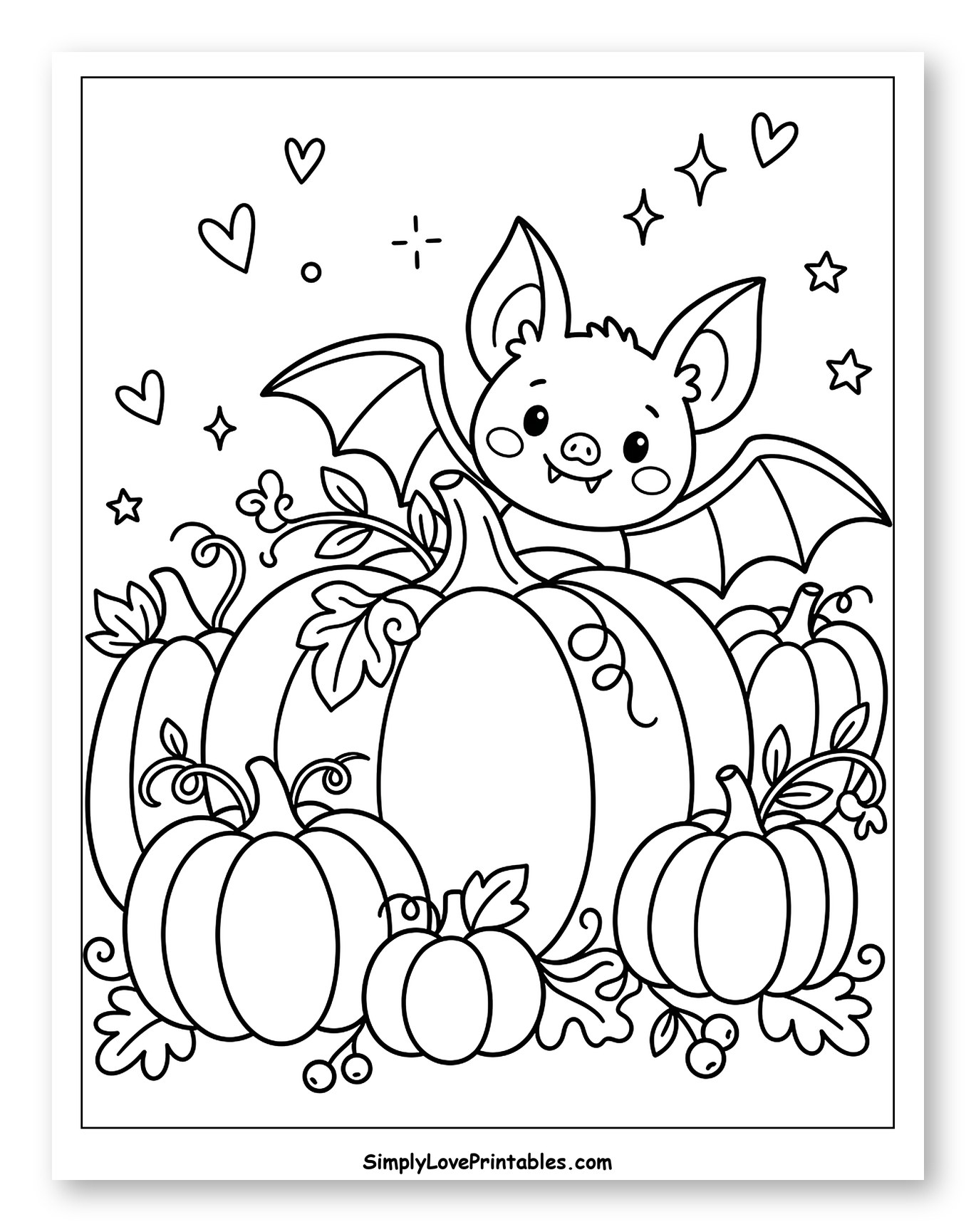 Smiling Bat Among Autumn Pumpkins and Vines Coloring Page for Adults