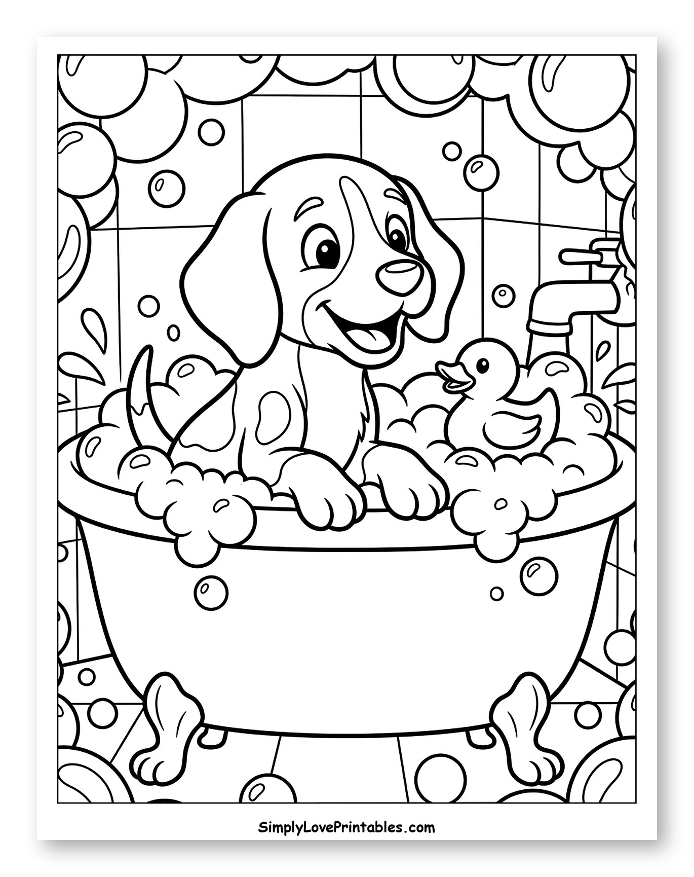 Smiling Beagle Puppy Enjoying a Bubble Bath Coloring Page for Kids