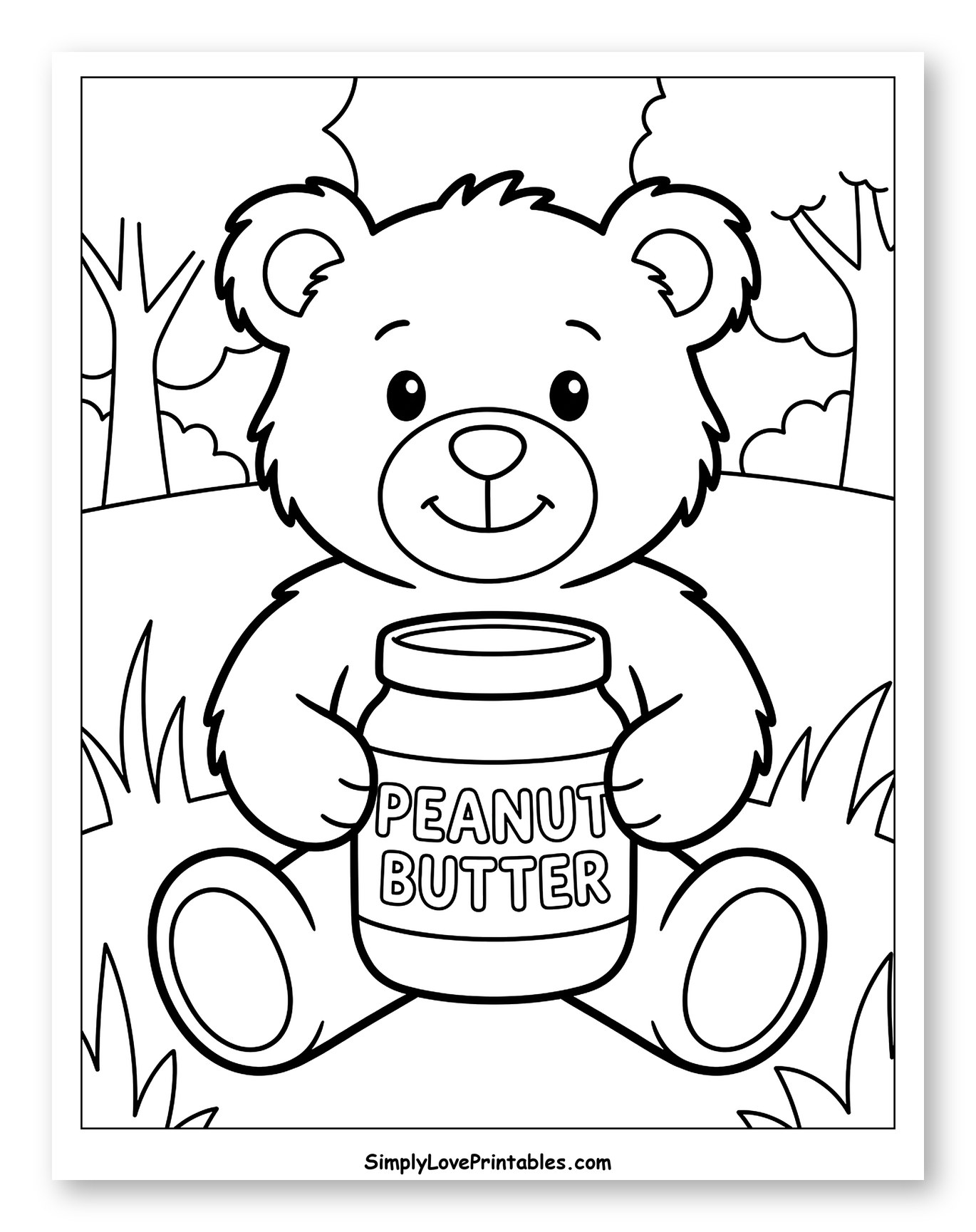 Smiling Bear Holding Peanut Butter Jar Outdoors