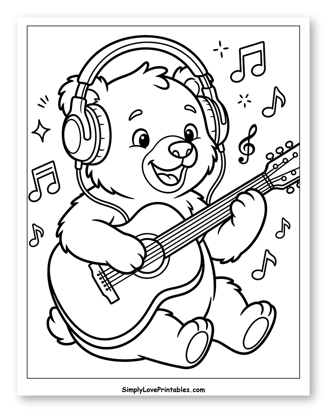 Smiling Bear Wearing Headphones Playing Guitar Coloring Page for Kids