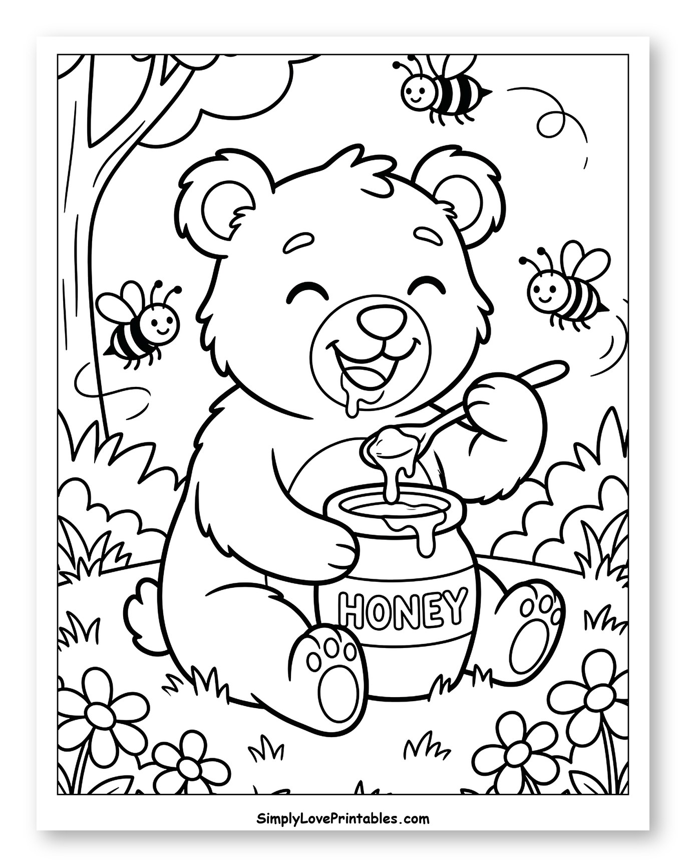 Smiling Bear with Honey Pot and Flying Bees
