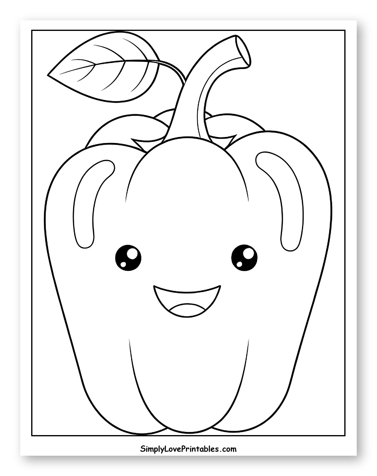 Smiling Bell Pepper with Stem and Leaf Coloring Page for Toddlers