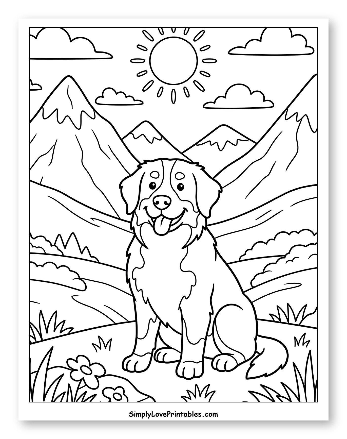 Smiling Bernese Mountain Dog in Sunny Mountains Coloring Sheet for Kids