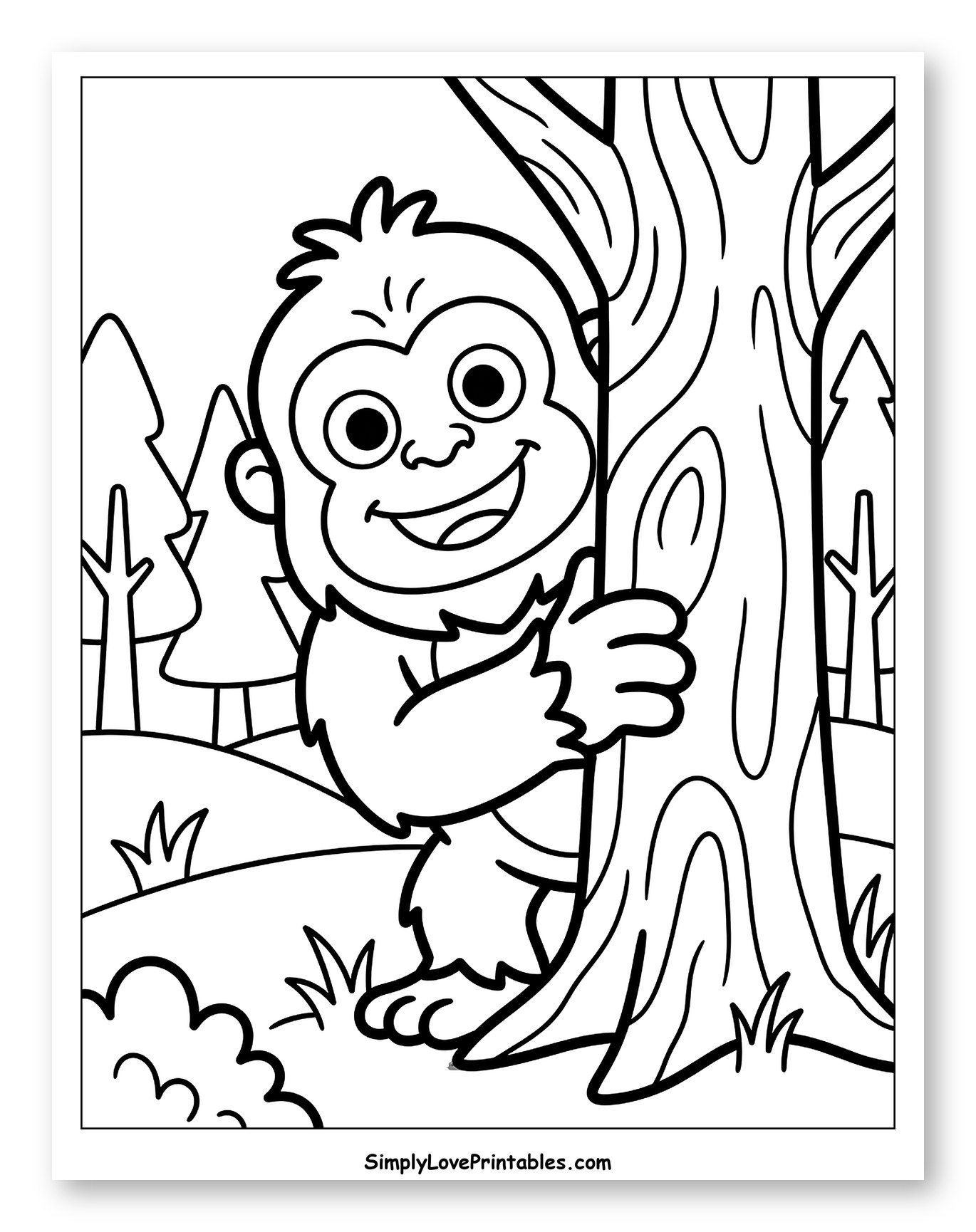 Smiling Bigfoot Peeking in the Forest to Color for Toddlers