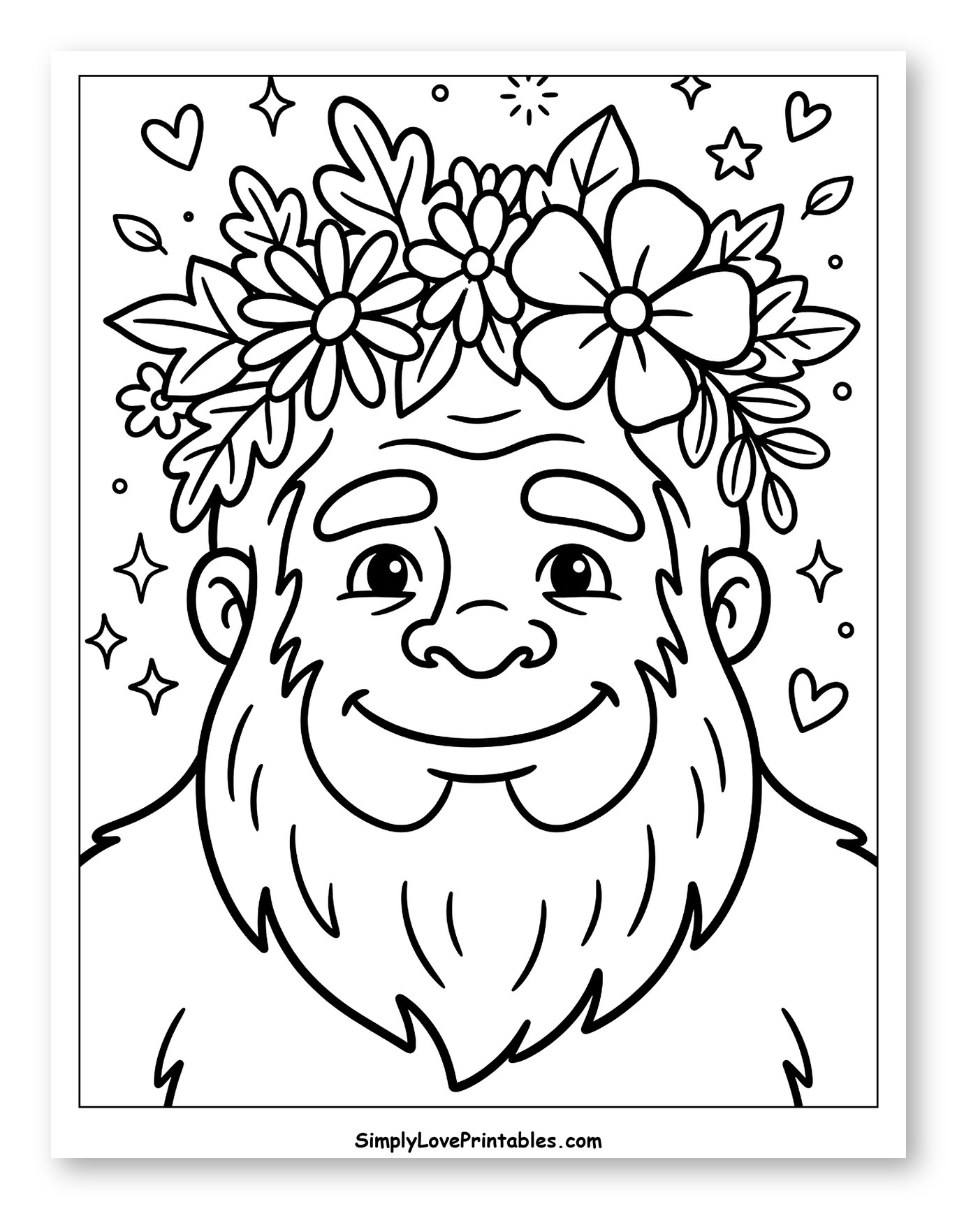 Smiling Bigfoot Wearing a Flower Crown Coloring Sheet for Adults