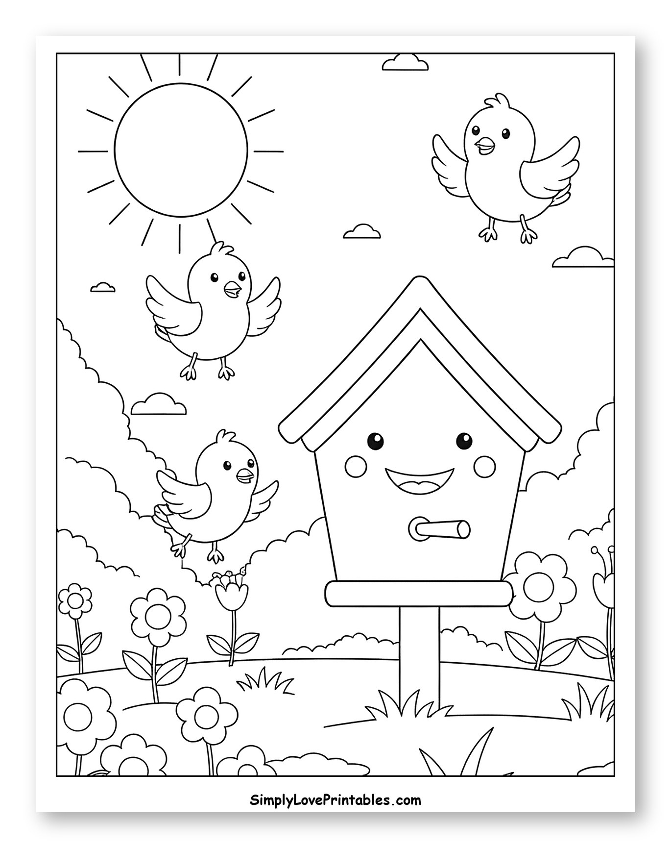 Smiling Birdhouse with Cute Birds and Flowers to Color for Kids