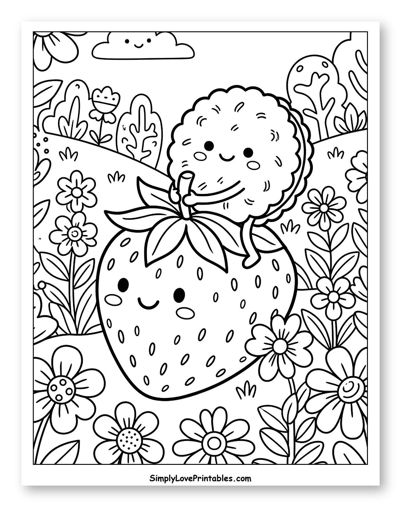 Smiling Biscuit Rides Happy Strawberry in Garden to Color for Kids