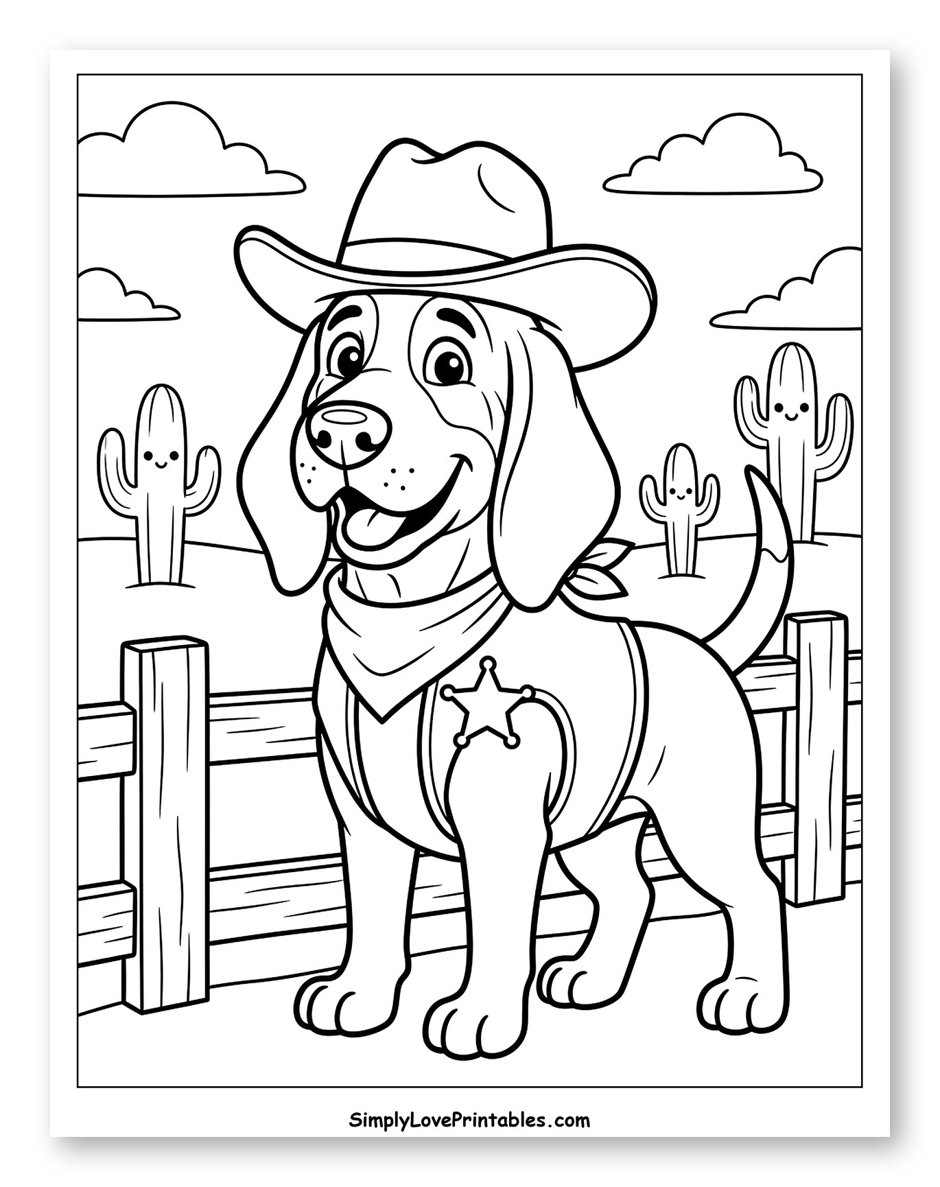 Smiling Bloodhound Cowboy Dog with Desert Cacti