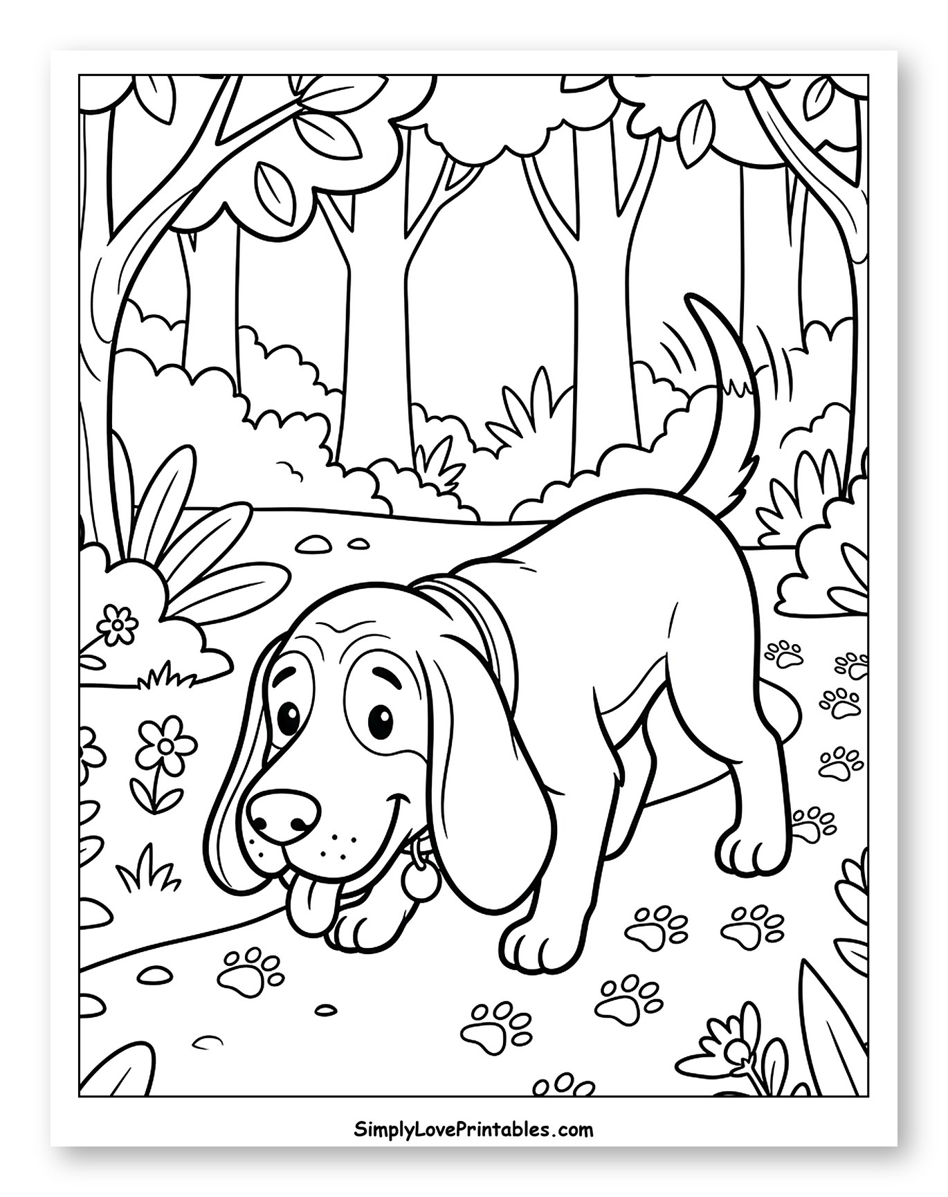 Smiling Bloodhound Puppy on a Forest Path to Color for Kids