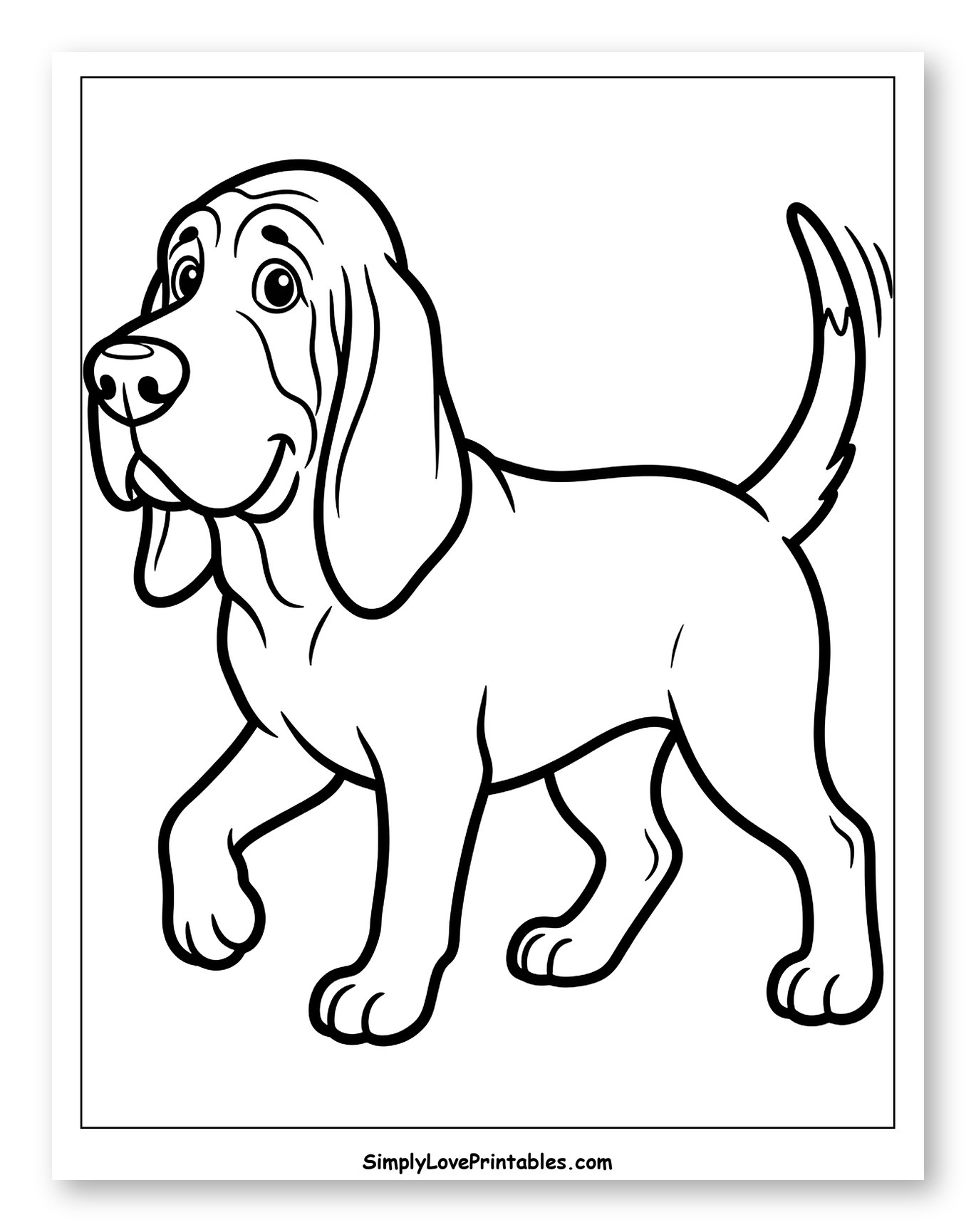Smiling Bloodhound Puppy Walking Coloring Sheet for Toddlers