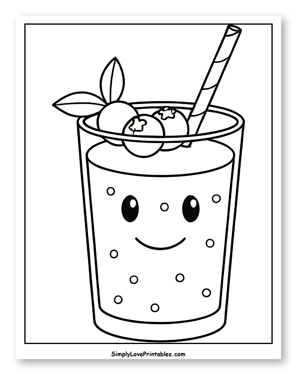 Smiling Blueberry Drink with Mint and Straw Coloring Page for Toddlers