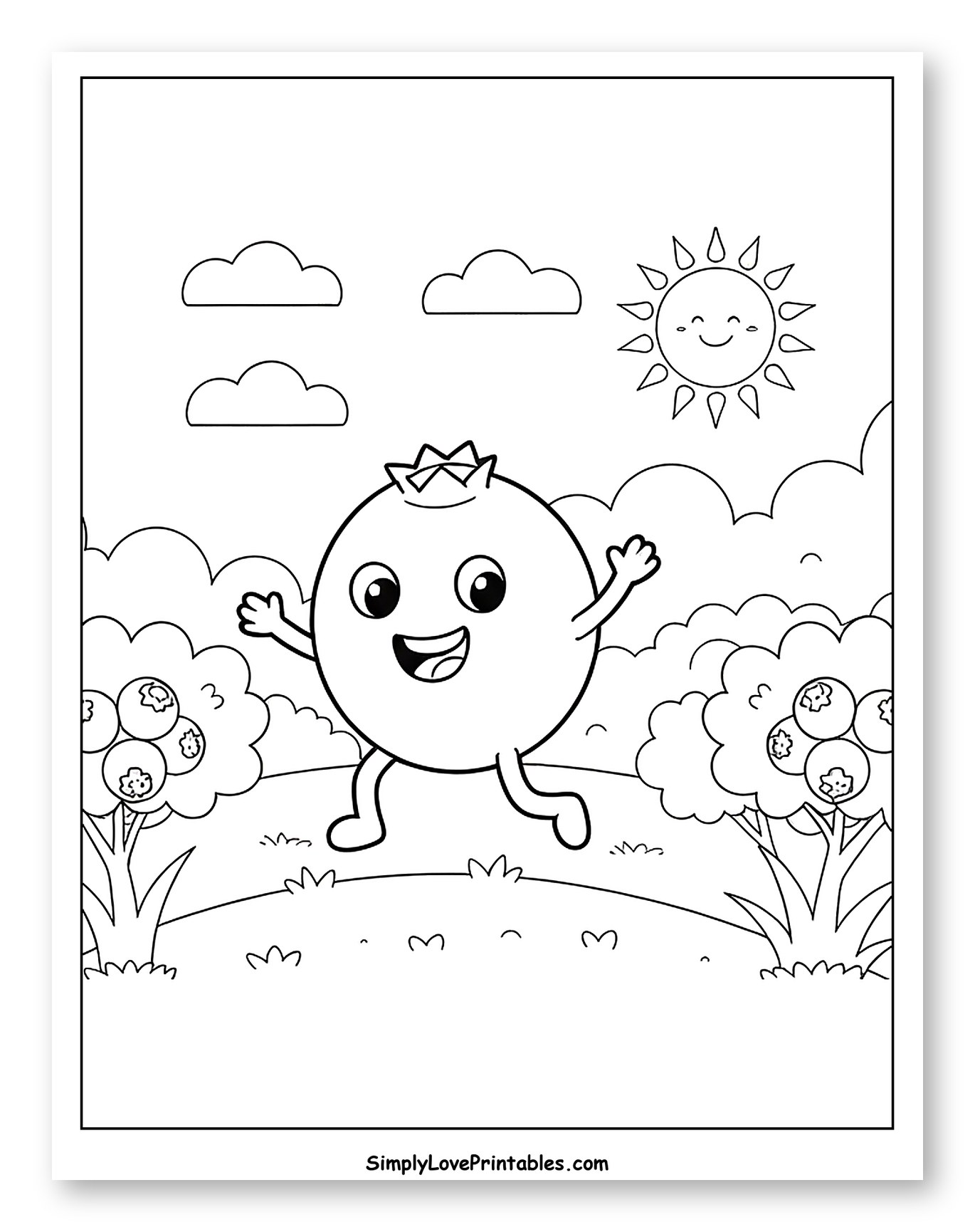 Smiling Blueberry Running in a Sunny Field Coloring Page for Kids