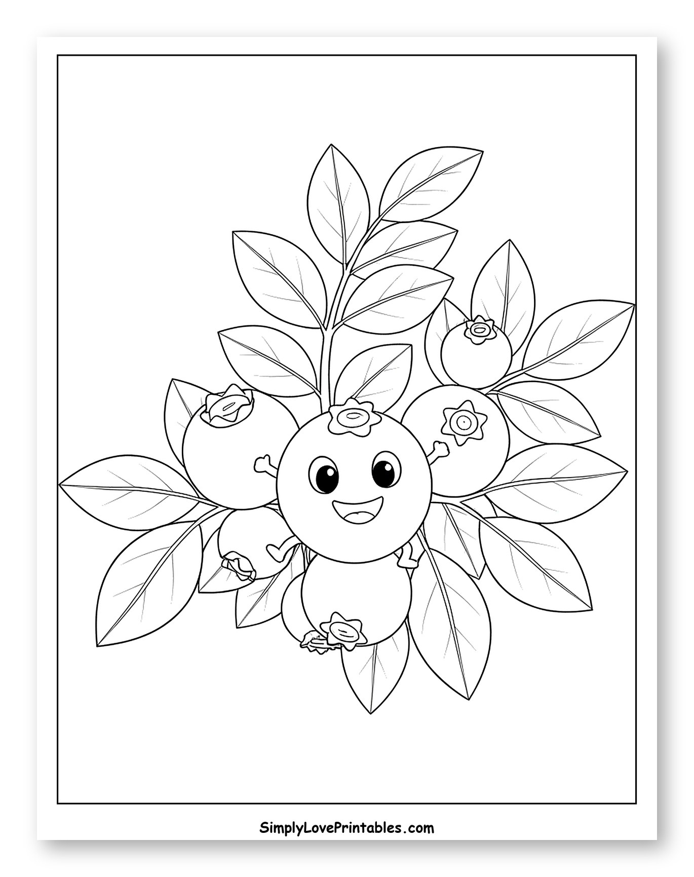 Smiling Blueberry Surrounded by Berries and Leaves to Color for Kids