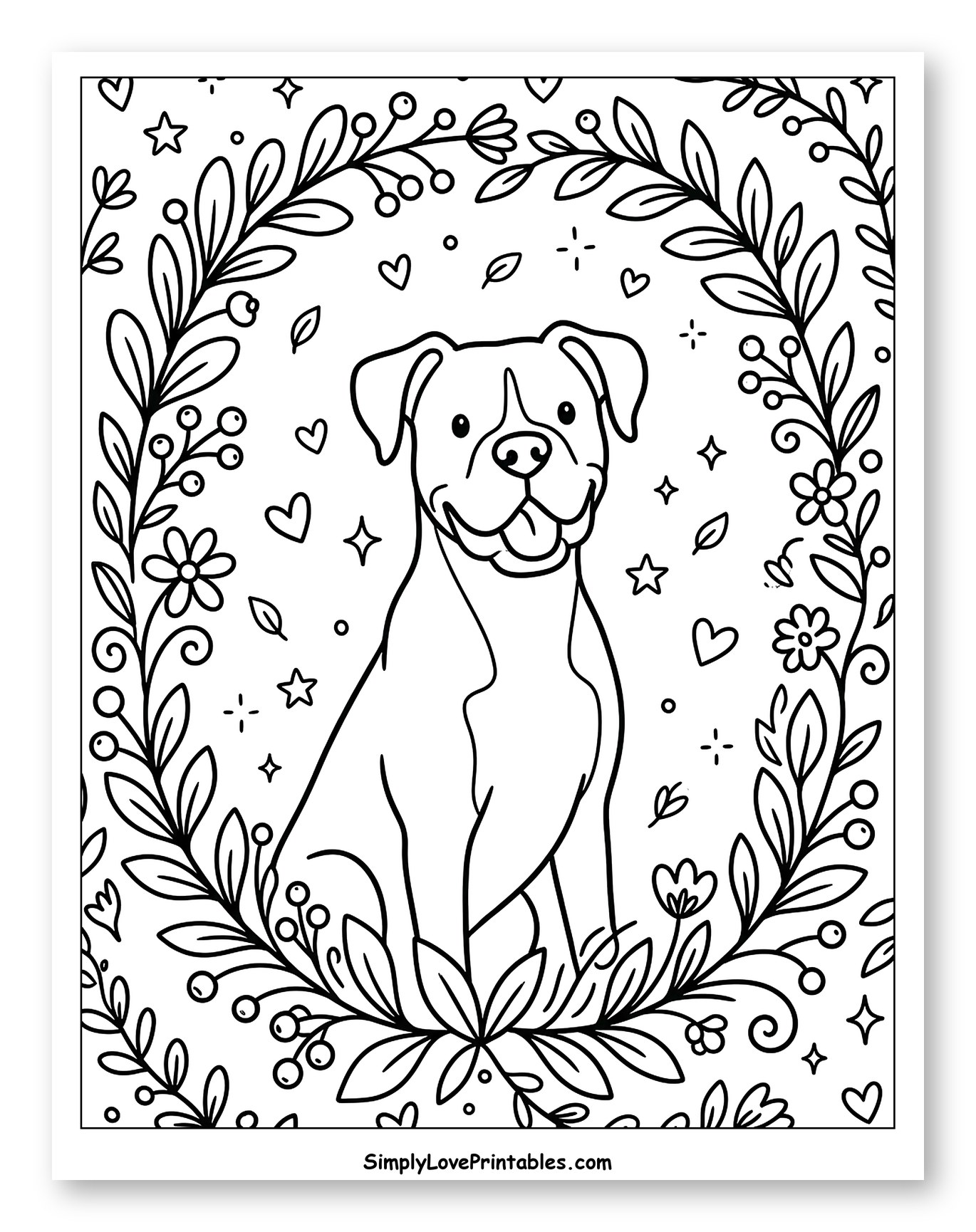 Smiling Boxer Dog in Botanical Frame