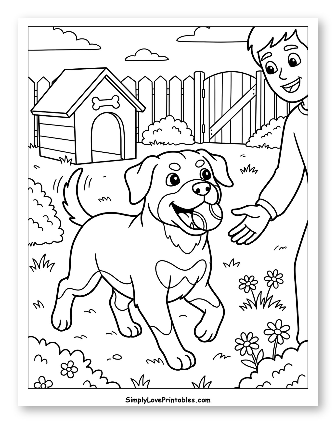 Smiling Boy and Rottweiler Playing Fetch Coloring Page for Kids