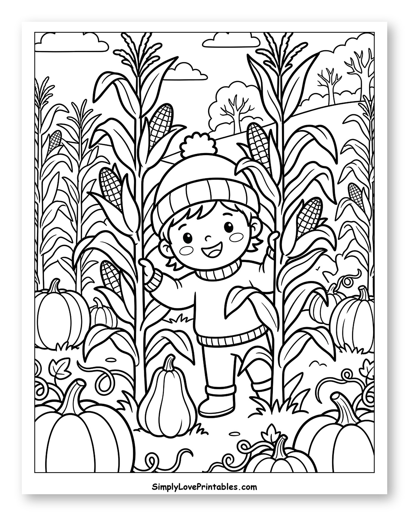 Smiling Boy in a Pumpkin Patch and Corn Maze