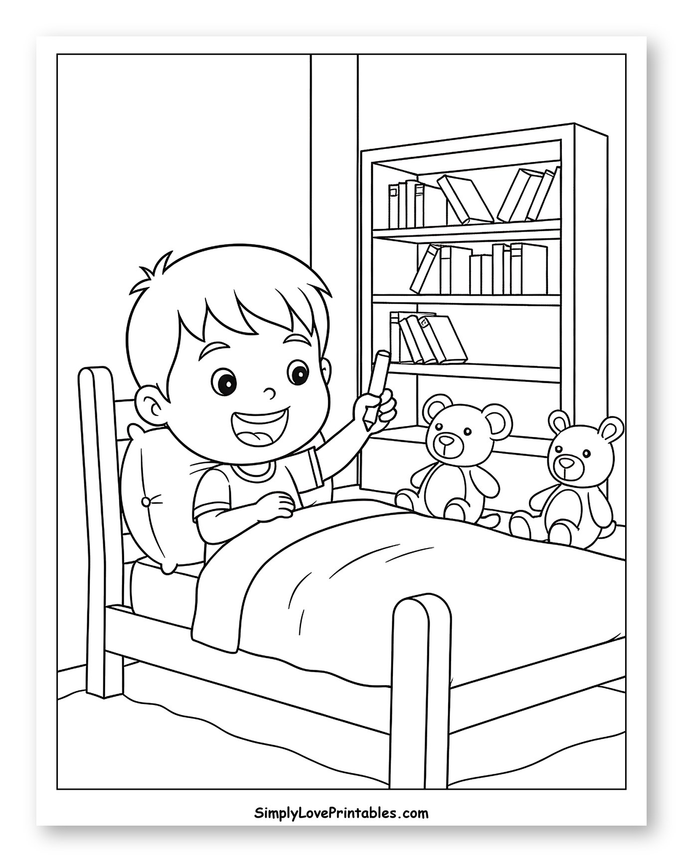 Smiling Boy in Bed with Pencil and Teddy Bears