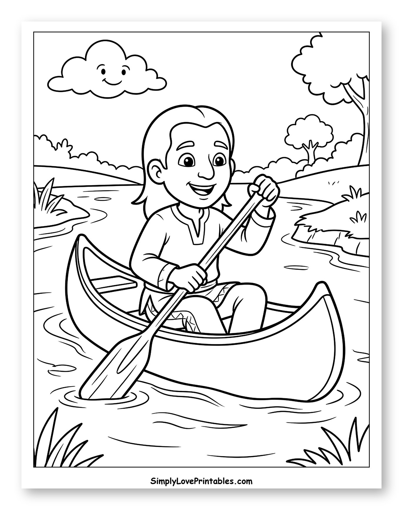 Smiling Boy Paddling a Canoe Coloring Page for Kids