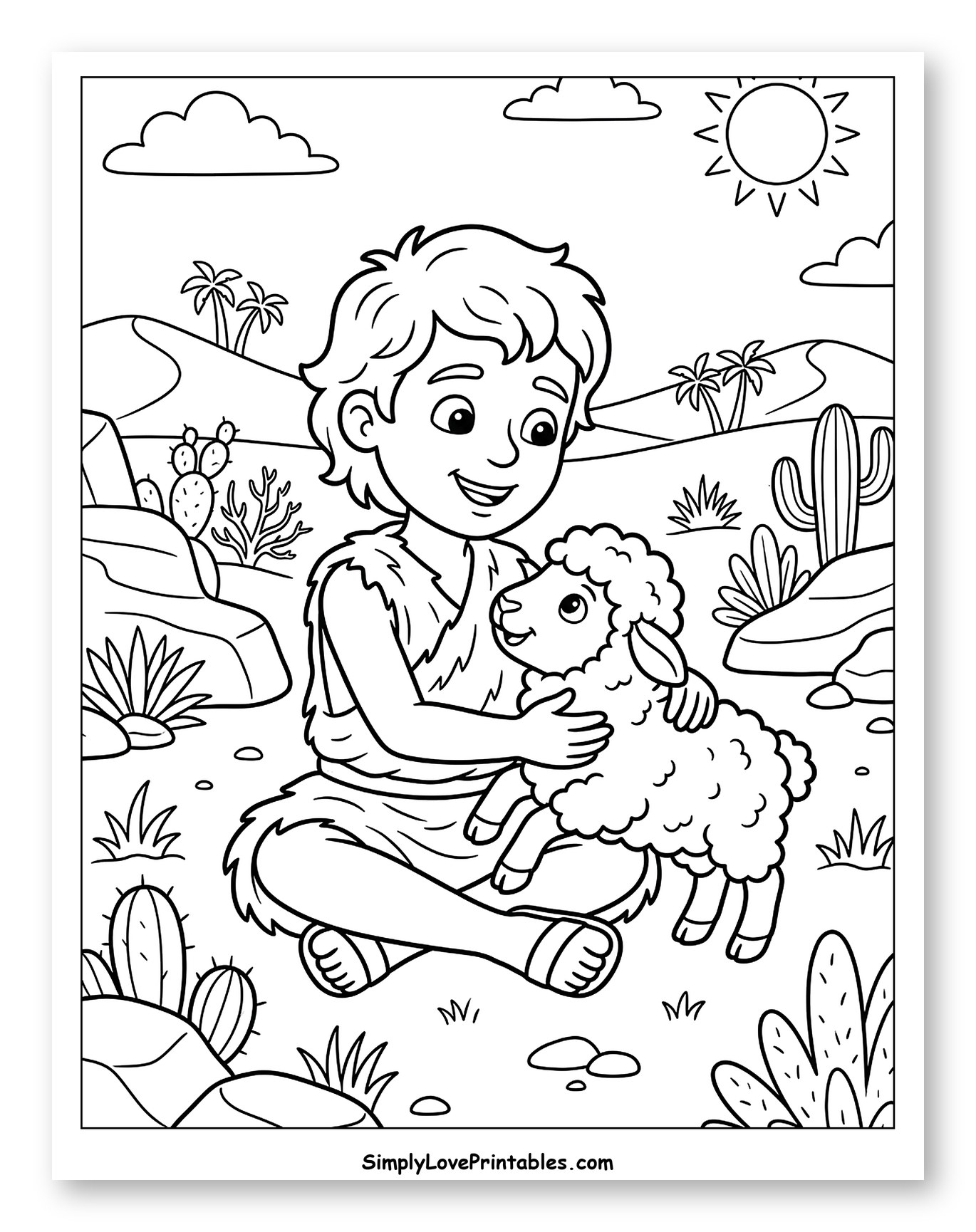 Smiling Boy Petting Lamb in Desert