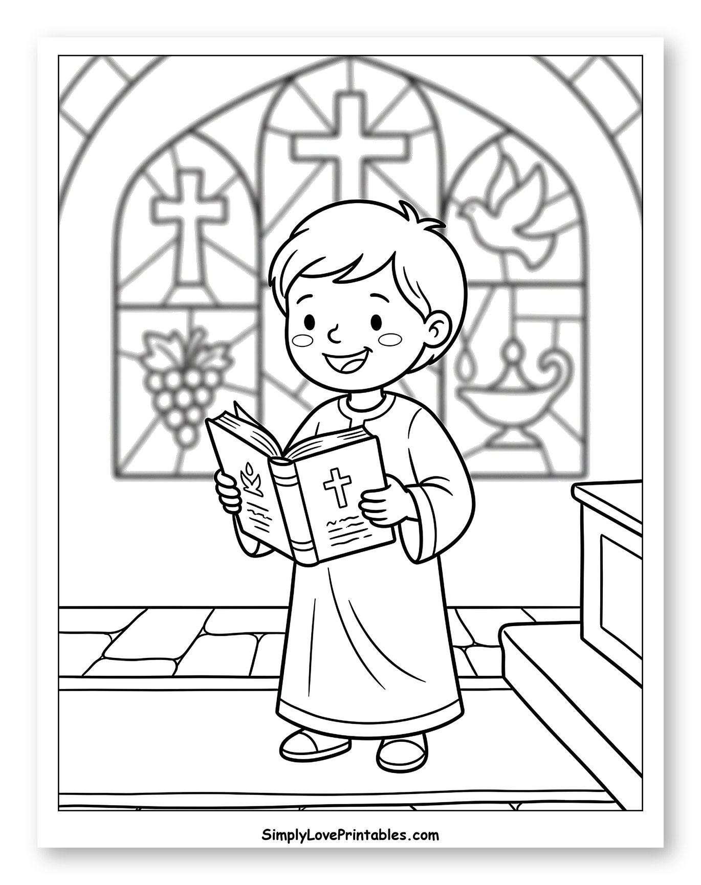 Smiling Boy Reading Bible in Church