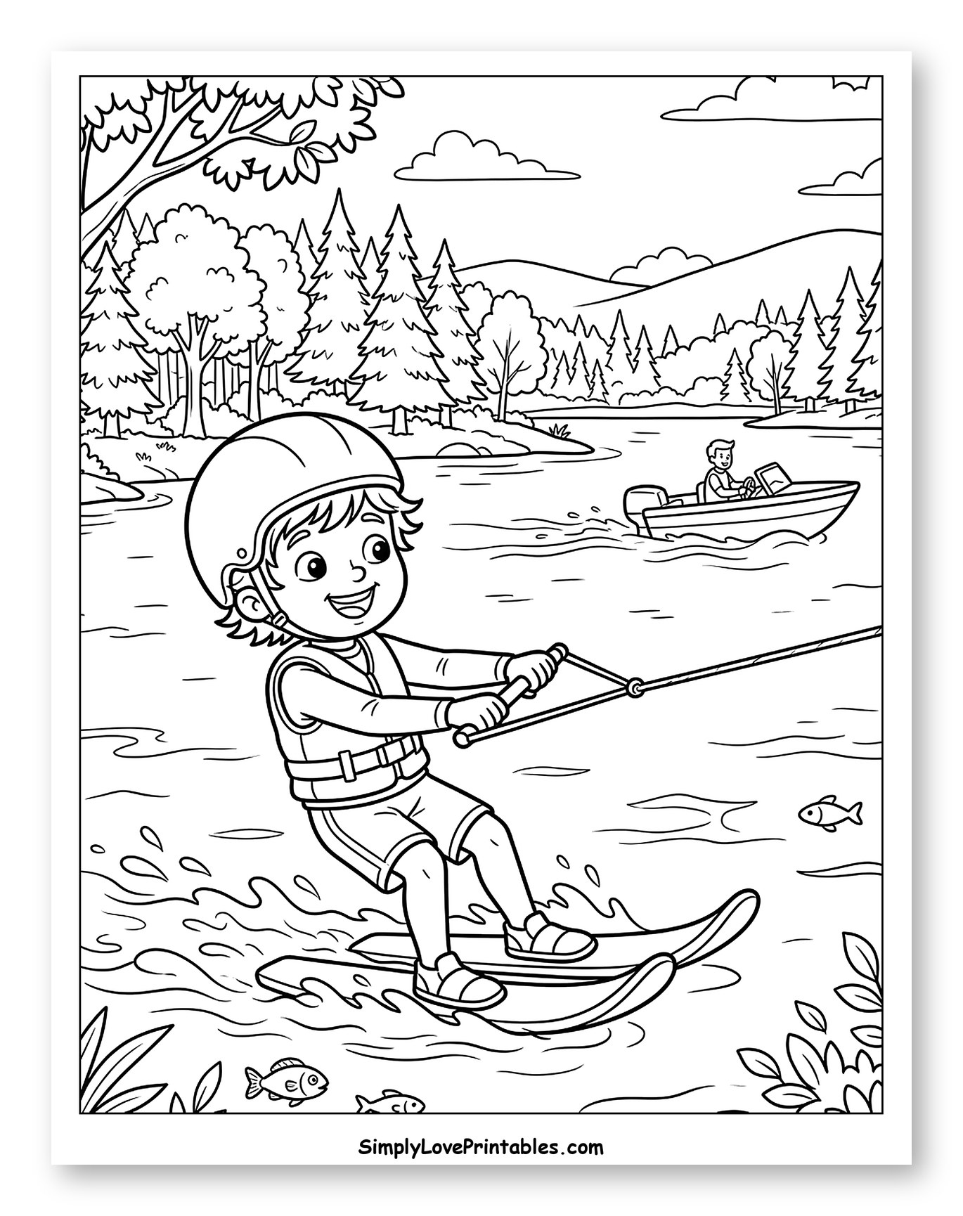 Smiling Boy Water Skiing in Nature
