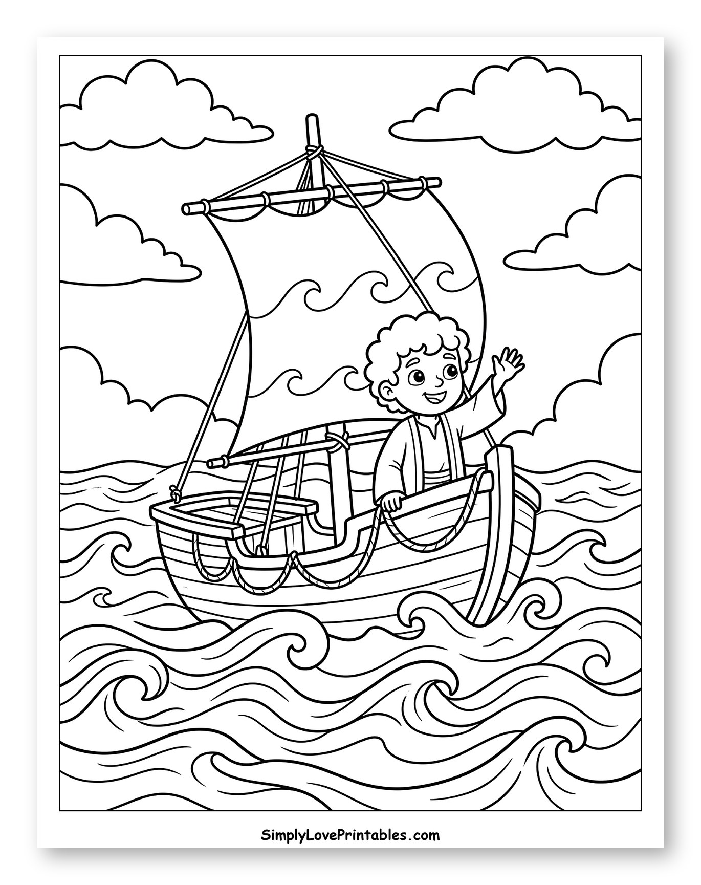 Smiling Boy Waving from a Sailboat Coloring Sheet for Kids