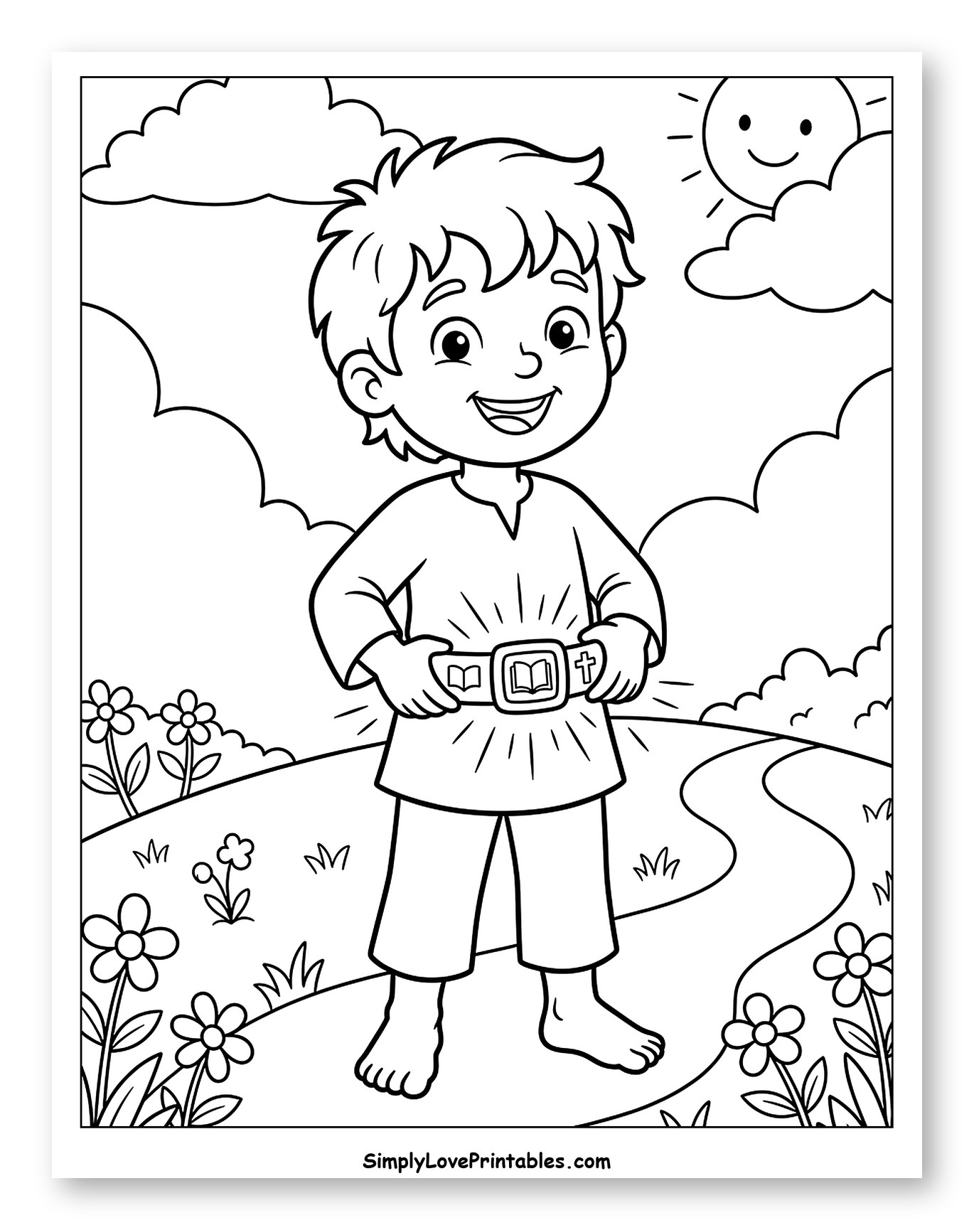 Smiling Boy with Glowing Bible Belt Coloring Page for Kids