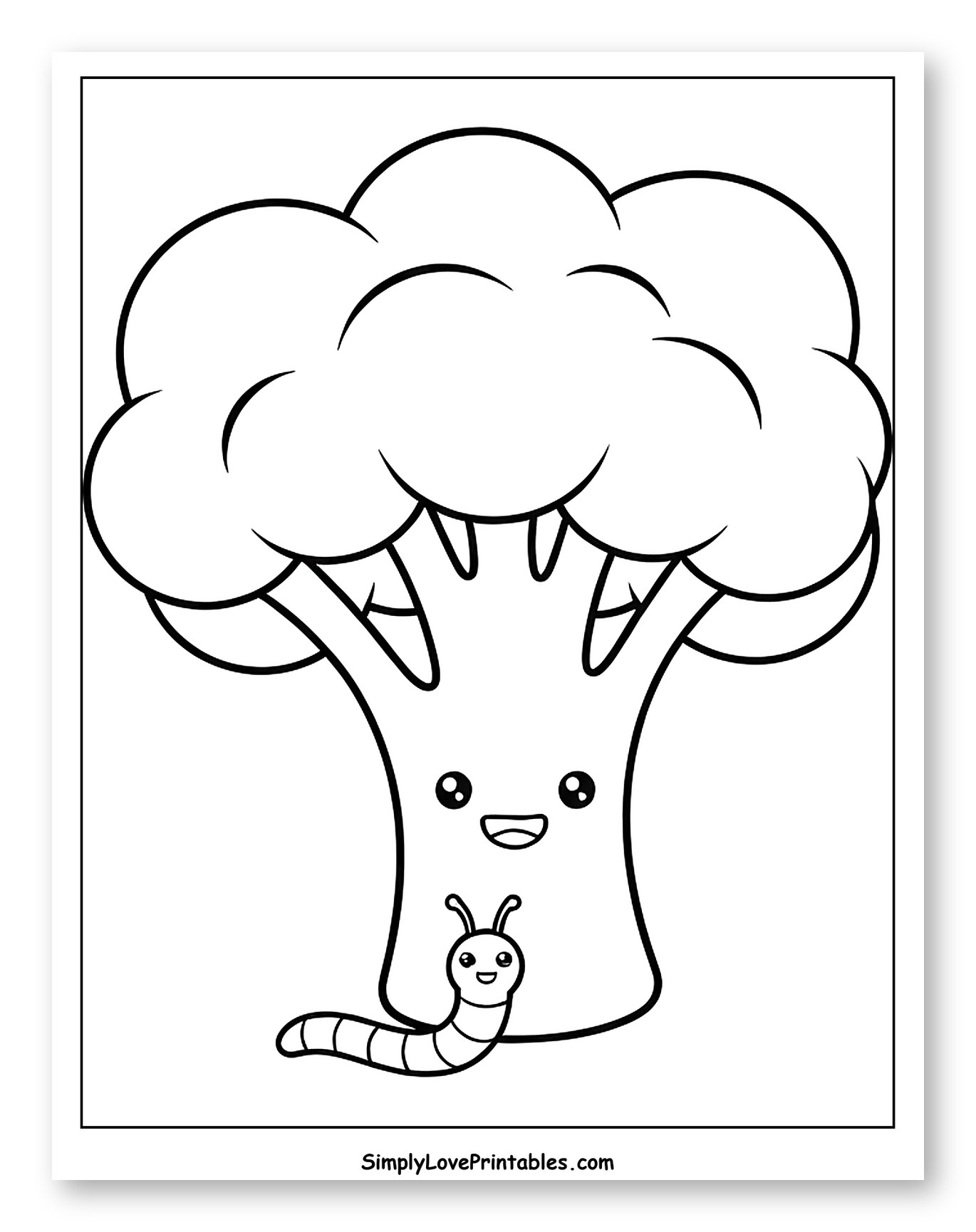 Smiling Broccoli and Small Worm Coloring Sheet for Toddlers