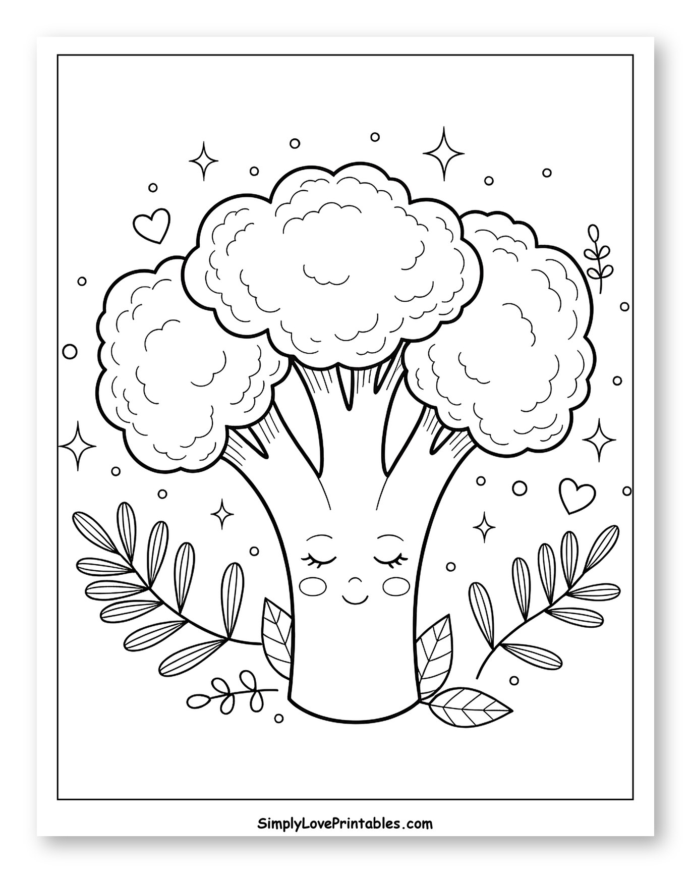 Smiling Broccoli Character with Stars and Hearts