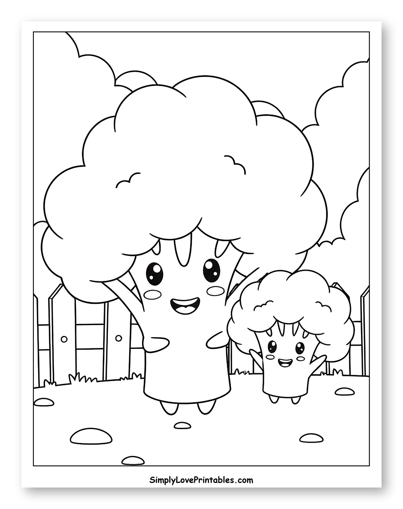 Smiling Broccoli Parent and Child Outside Coloring Sheet for Kids
