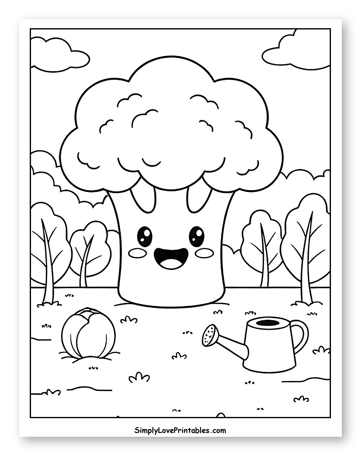 Smiling Broccoli with Watering Can in Garden Coloring Sheet for Kids
